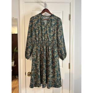 Berkley Jensen Women’s Teal Floral Midi Dress Smocked Waist Long Sleeve Boho M